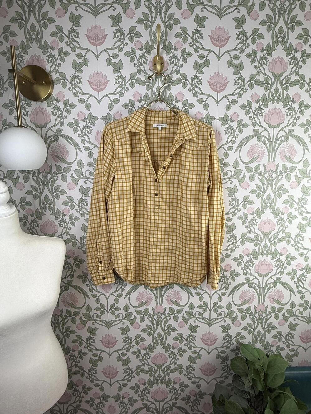 Madewell Yellow & Cream Checkered Henley Button Long Sleeve Shirt - Size - Small
